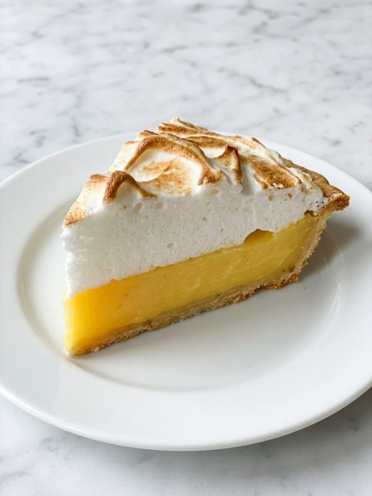 A slice of lemon meringue pie with yellow lemon filling and tall toasted meringue on a white plate