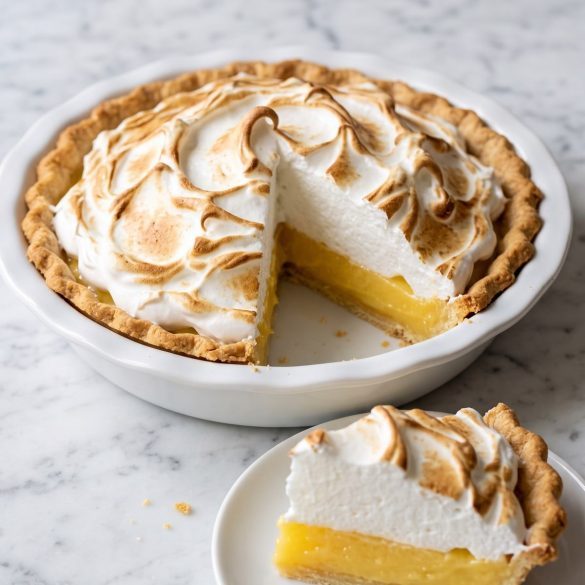 A lemon meringue pie with tall toasted meringue and one slice cut out