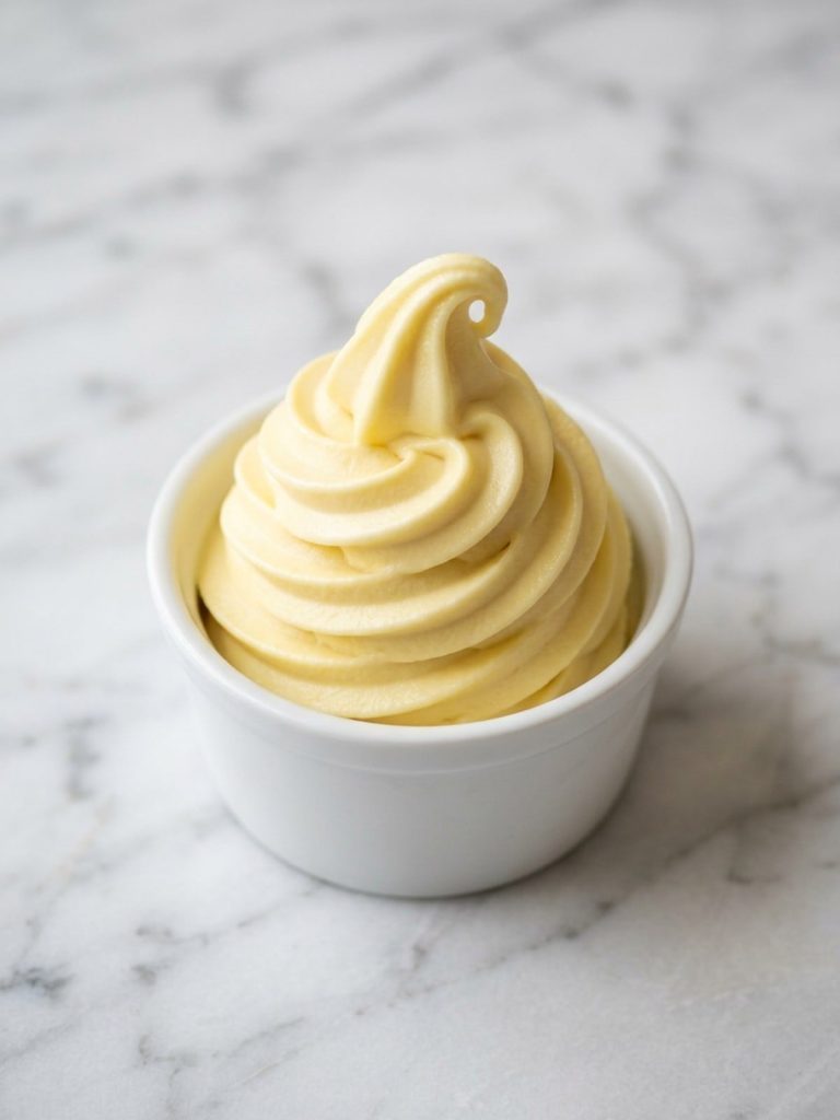 Close view of a creamy pale yellow pineapple soft serve swirl in a white ramekin