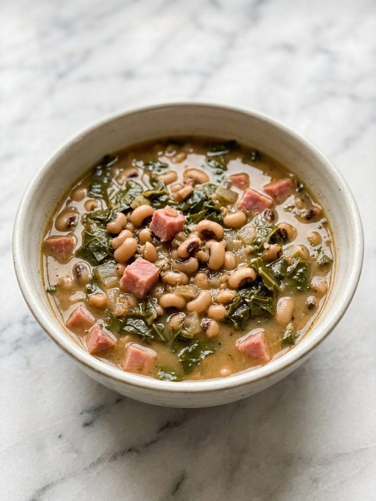 A large pot of black-eyed pea, ham and collard green soup