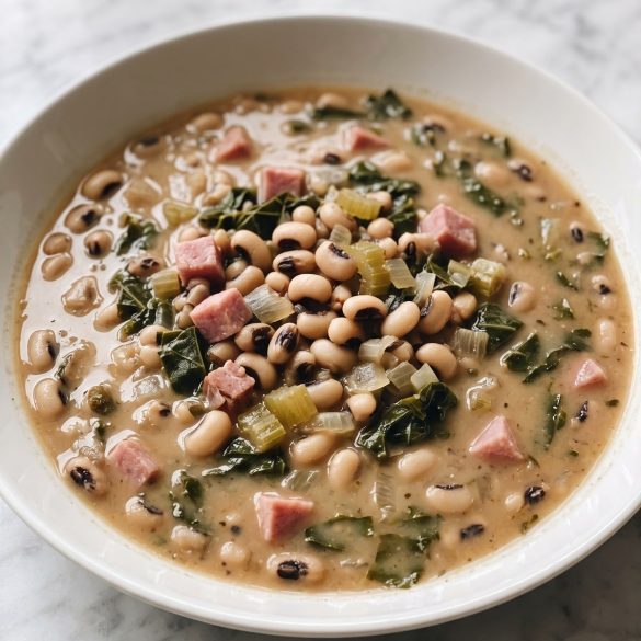A bowl of thick black-eyed pea soup with diced ham and collard greens