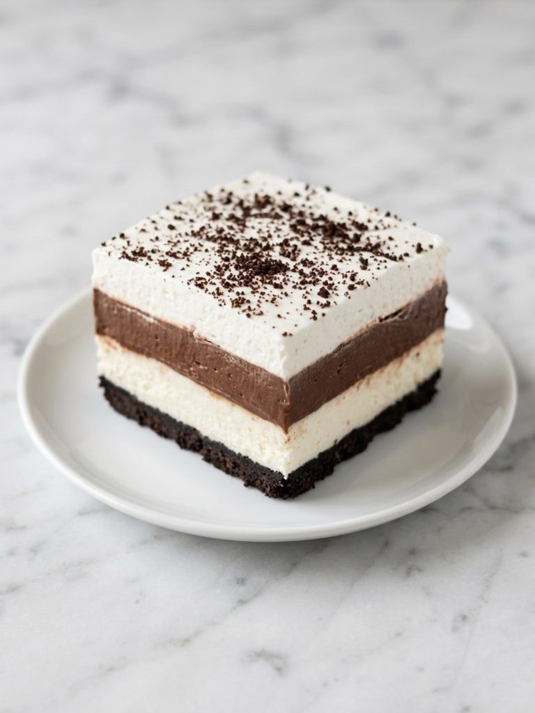 A square of Oreo Delight showing the cookie crust, cream cheese, chocolate pudding and whipped topping layers