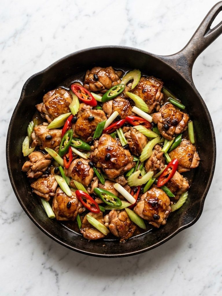 A skillet of chicken, chili peppers and celery coated in dark stir-fry sauce