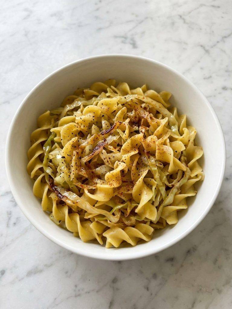 A bowl of buttery egg noodles with amber caramelized cabbage and a sprinkle of paprika