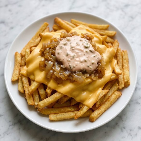 Crisp french fries topped with melted American cheese, browned onions and pink burger sauce