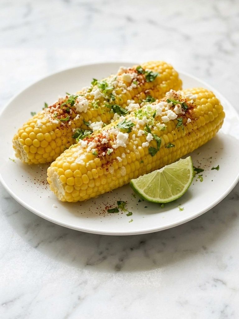 Close view of corn on the cob topped with lime zest, cilantro, chili powder and queso fresco