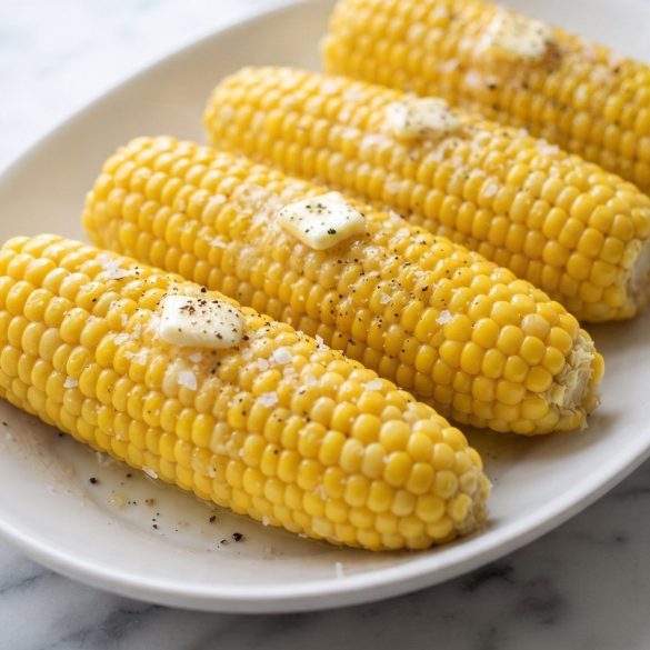 Four ears of bright yellow corn on the cob on a white platter, glistening with melting butter and flaky salt