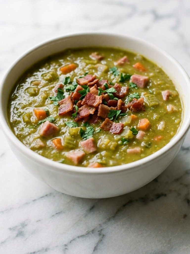 Close view of creamy split pea soup with ham pieces
