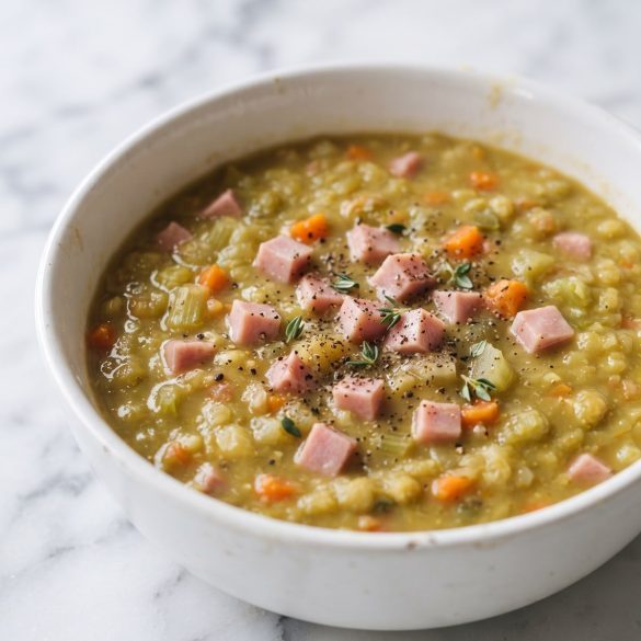 A bowl of thick green split pea soup with diced ham, carrots and celery