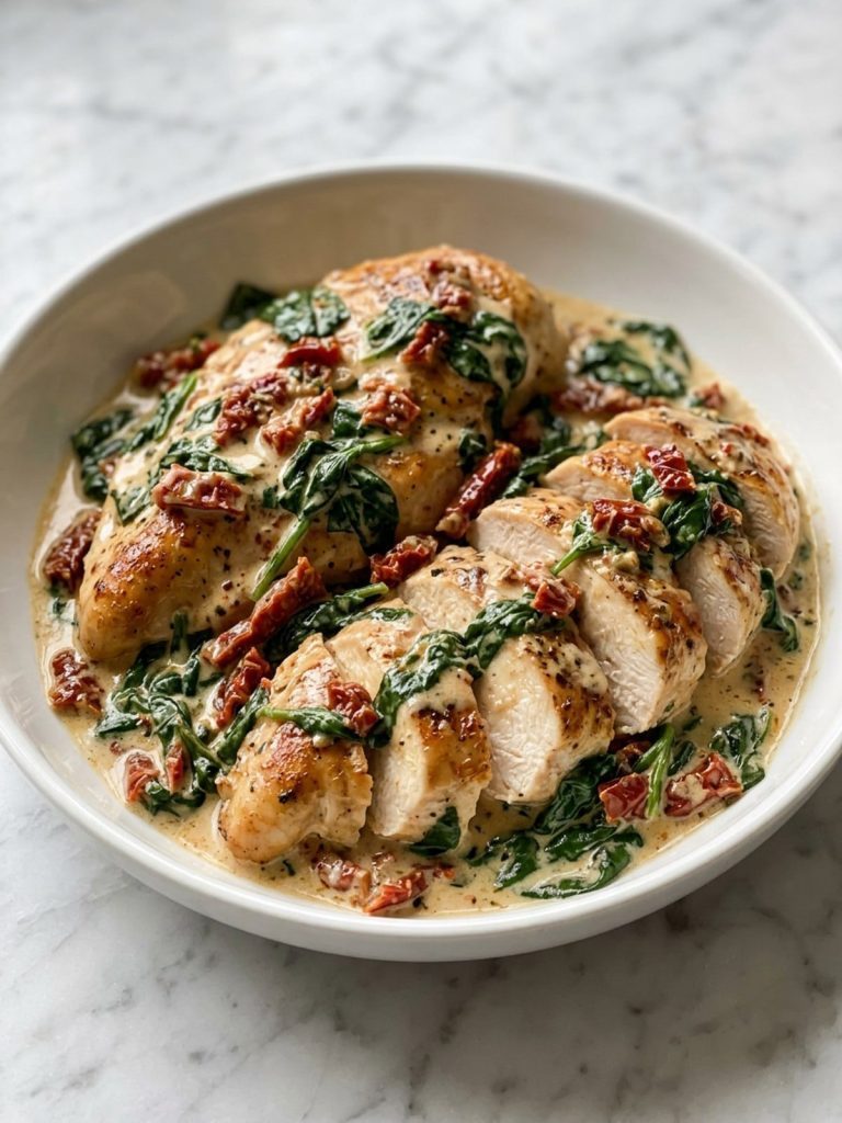 A sliced chicken breast coated in creamy Parmesan sauce with sun-dried tomatoes and spinach