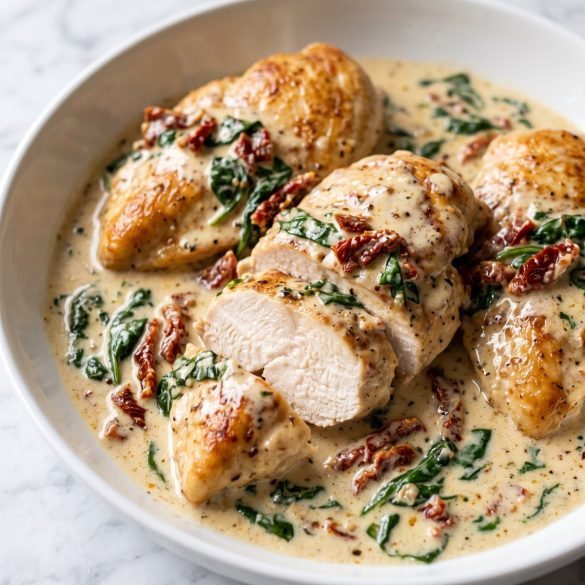 Chicken breasts in a creamy sauce with sun-dried tomatoes and spinach in a wide white dish