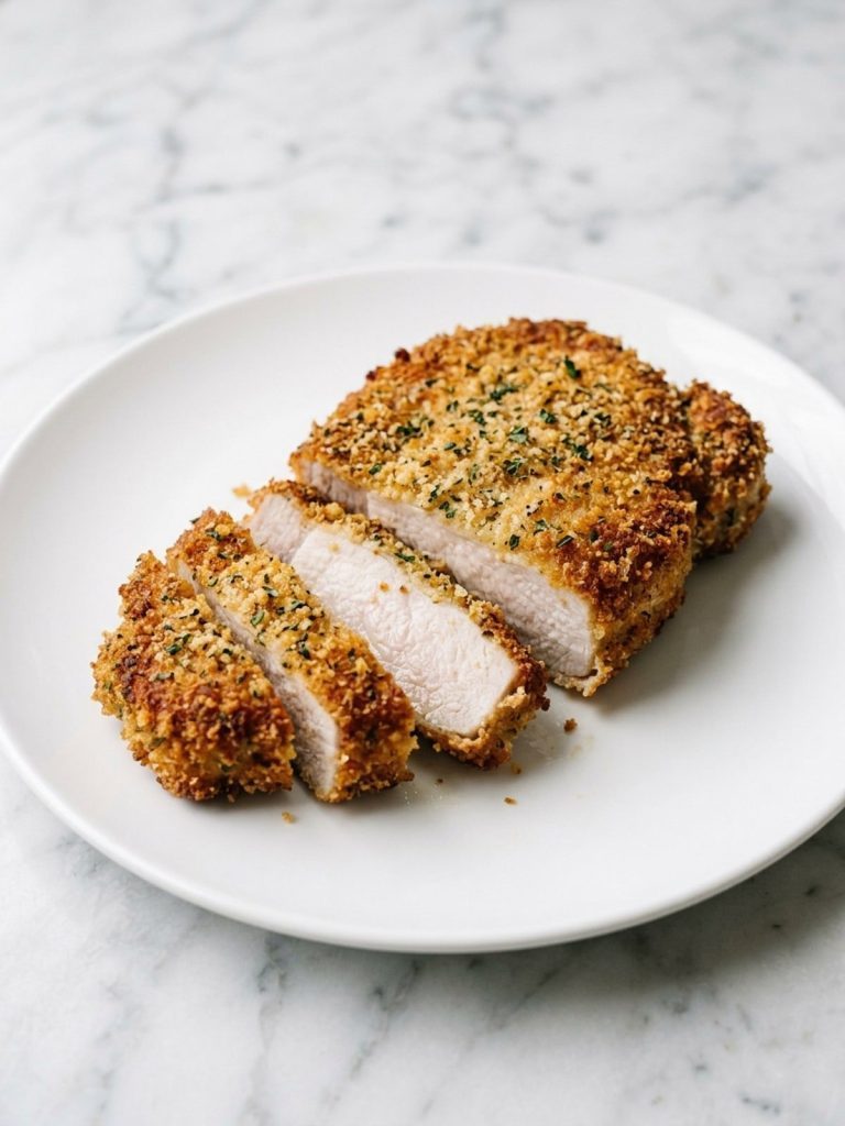A thick breaded pork chop sliced to show the juicy white meat under a golden crust