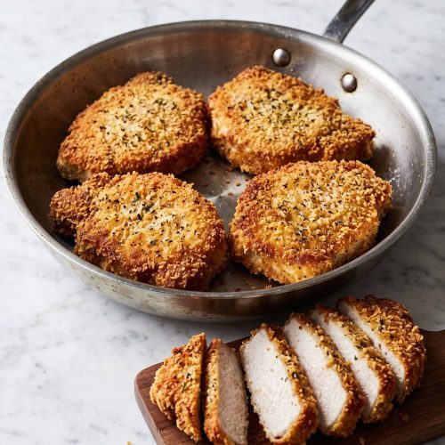 Golden Italian breaded pork chops in a skillet, one sliced to show the juicy inside