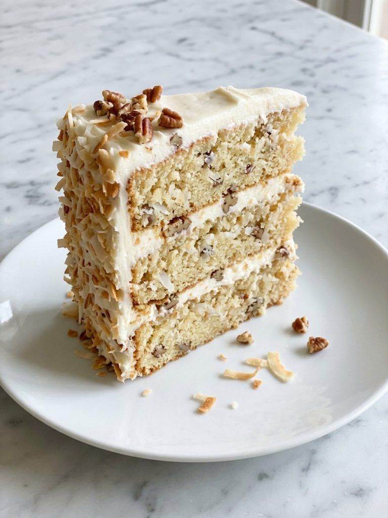A slice of three-layer Italian cream cake with coconut, pecans and cream cheese frosting on a white plate