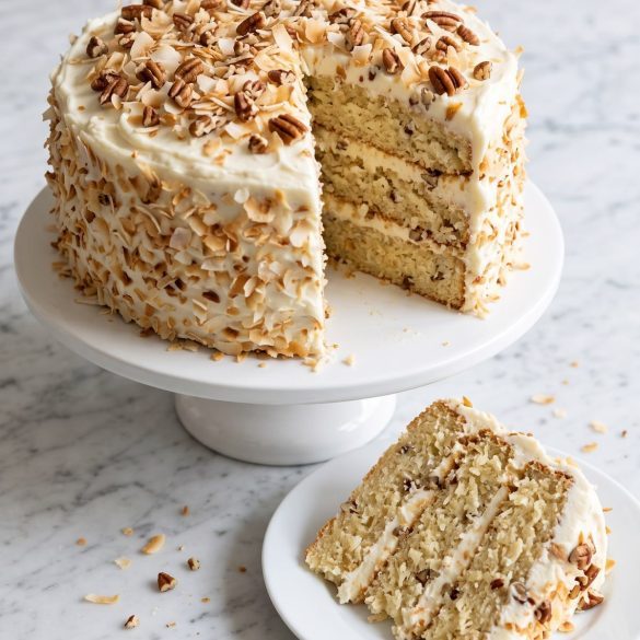 A three-layer Italian cream cake with cream cheese frosting, toasted coconut and pecans, one slice cut out