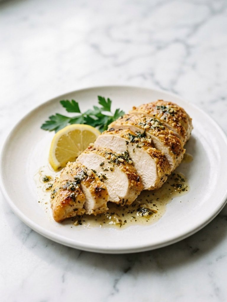 A sliced Italian dressing chicken breast with Parmesan and herbs on a white plate