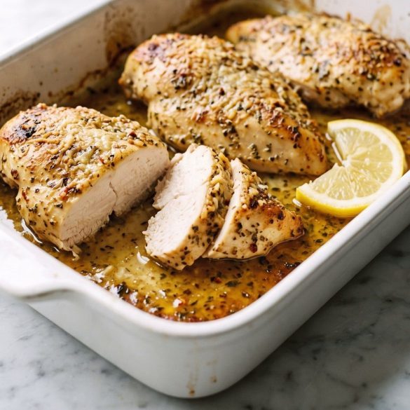Baked Italian dressing chicken breasts with golden Parmesan in a baking dish, one sliced