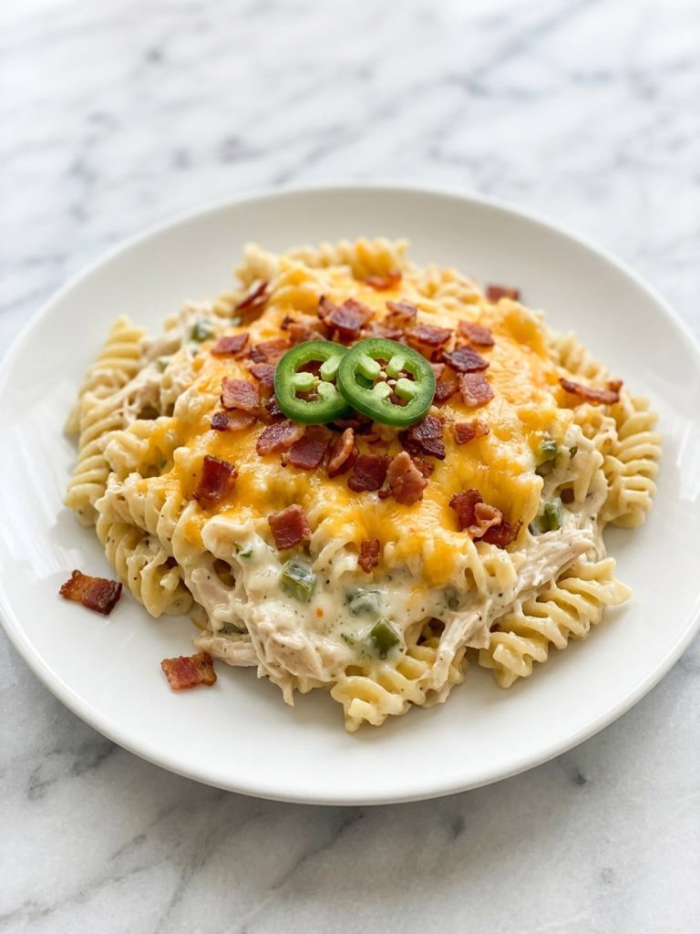 A plate of creamy jalapeno popper casserole with rotini, chicken, cheddar and bacon