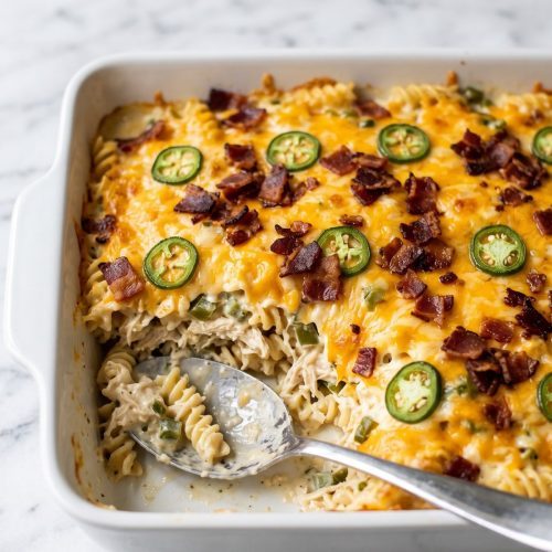 A baking dish of jalapeno popper chicken casserole topped with cheddar, bacon and jalapeño slices