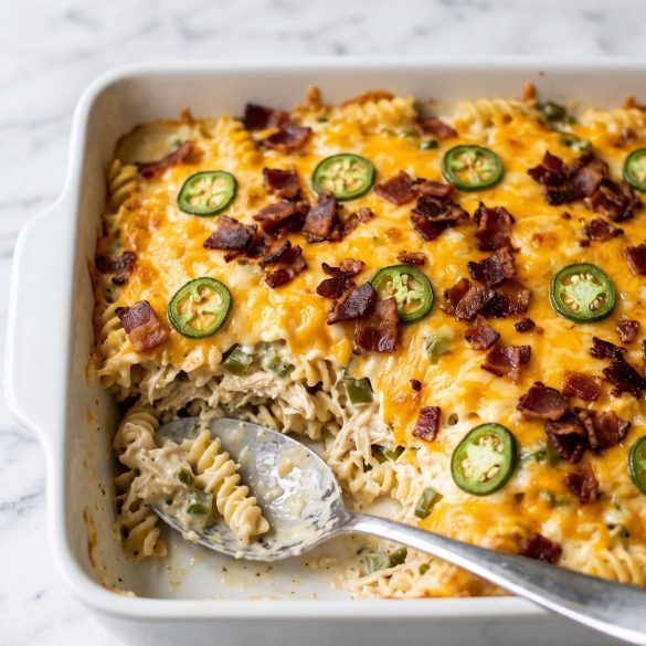 A baking dish of jalapeno popper chicken casserole topped with cheddar, bacon and jalapeño slices