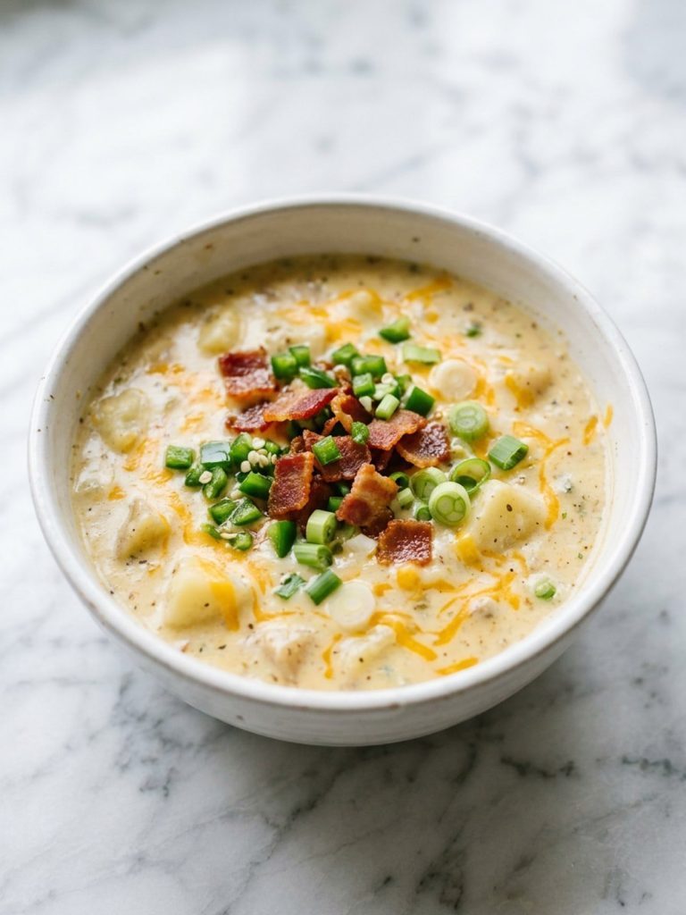 A full bowl of jalapeno popper soup with potato chunks and melted cheese