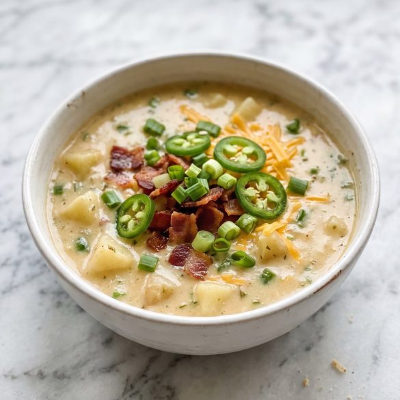 Creamy jalapeno popper soup topped with bacon, sliced jalapenos and green onion in a white bowl