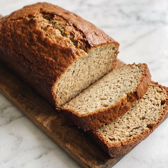 A golden brown loaf of banana bread on a board with three slices cut