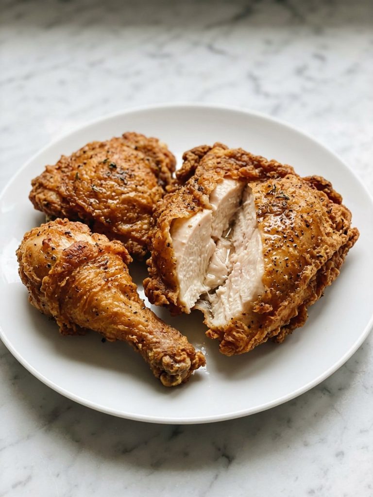 Golden fried chicken drumstick and thigh with a crisp peppery crust on a white plate