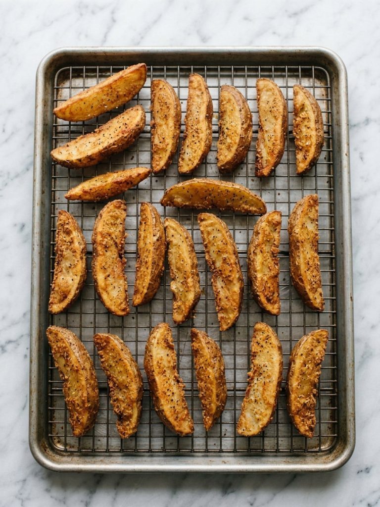 Crispy seasoned potato wedges on a wire rack over a baking sheet