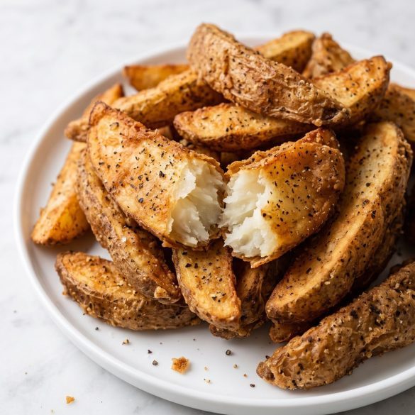 A pile of golden fried potato wedges with a peppery seasoned crust on a white plate