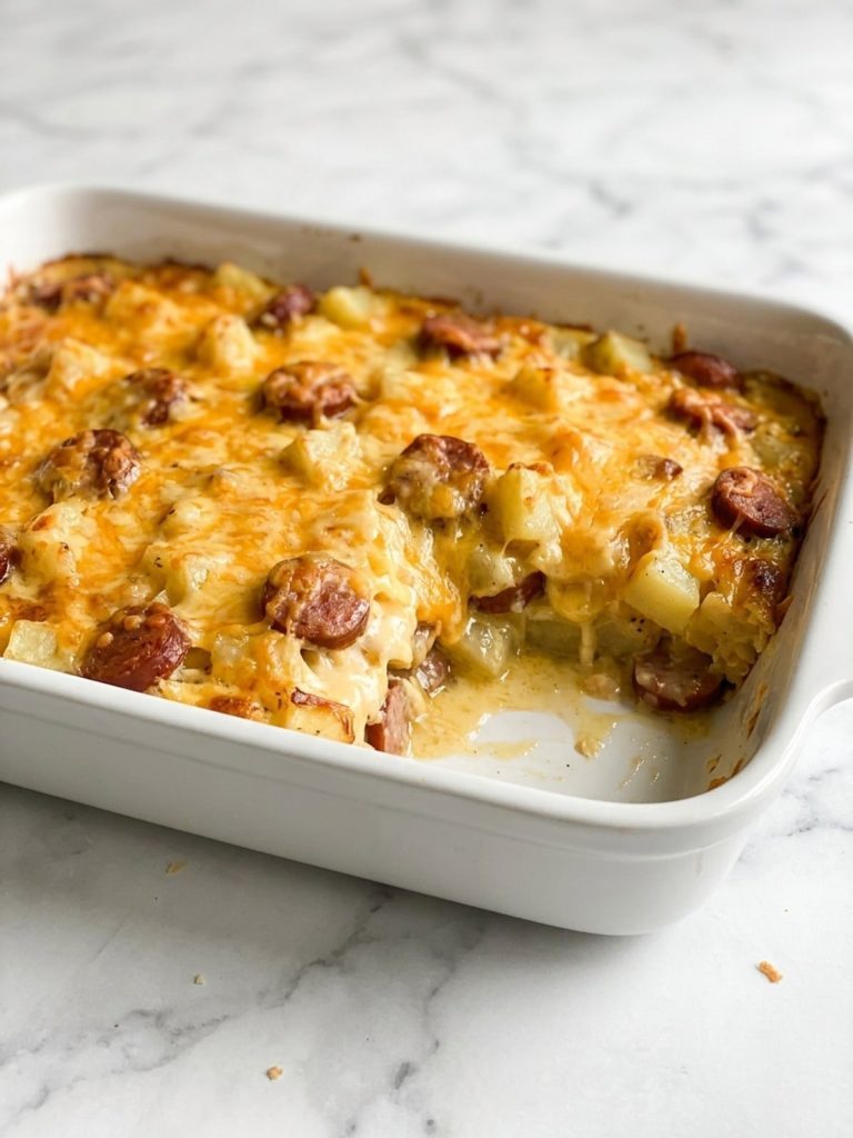 Cheesy kielbasa and potato casserole in a 13x9 baking dish