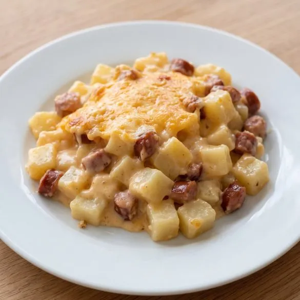 A serving of cheesy kielbasa and potato casserole on a white plate