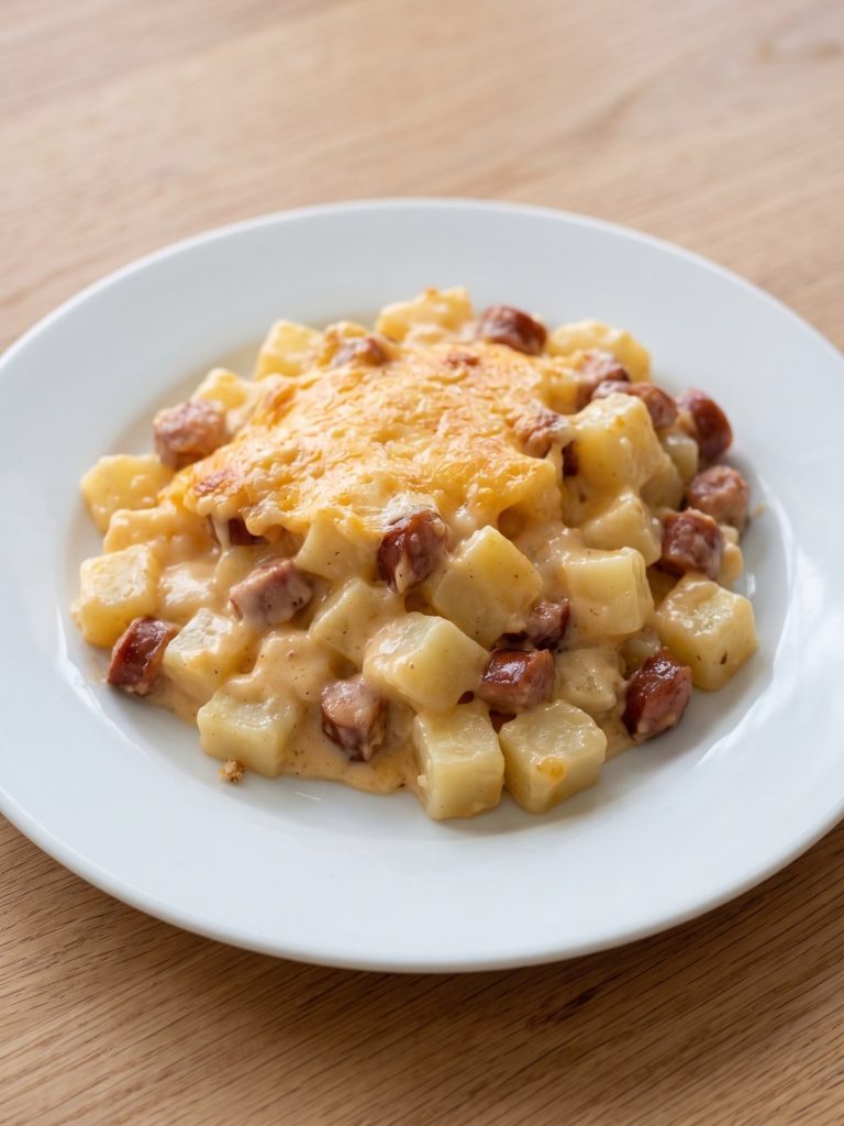 A serving of cheesy kielbasa and potato casserole on a white plate
