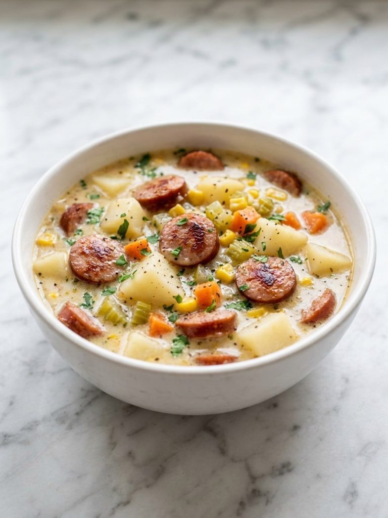 A full bowl of creamy kielbasa potato soup with sausage, potatoes and corn