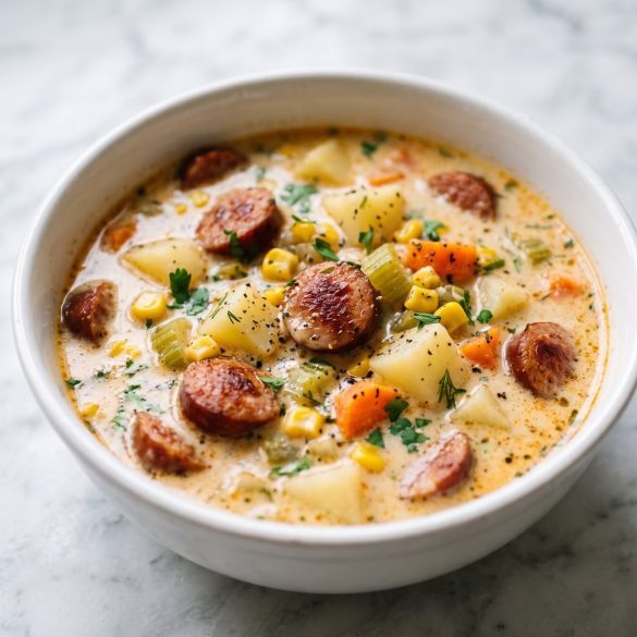 Creamy kielbasa potato soup with browned sausage rounds, potatoes, carrots and corn in a white bowl
