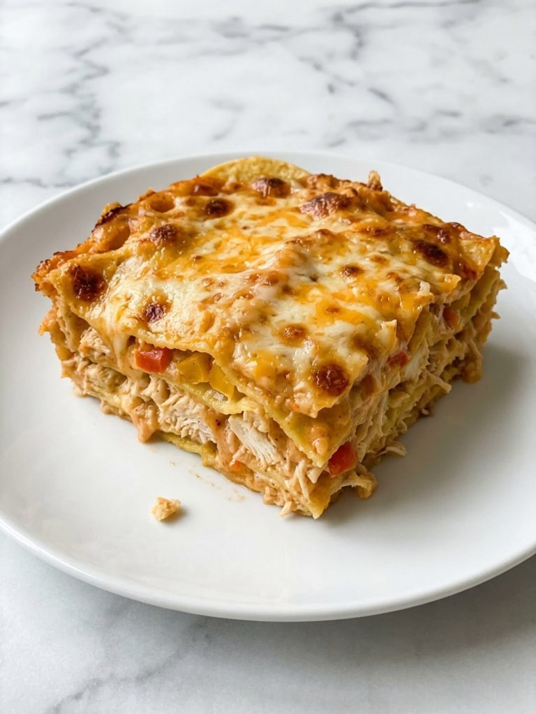 A serving of layered chicken and corn tortilla casserole with melted cheese on a white plate