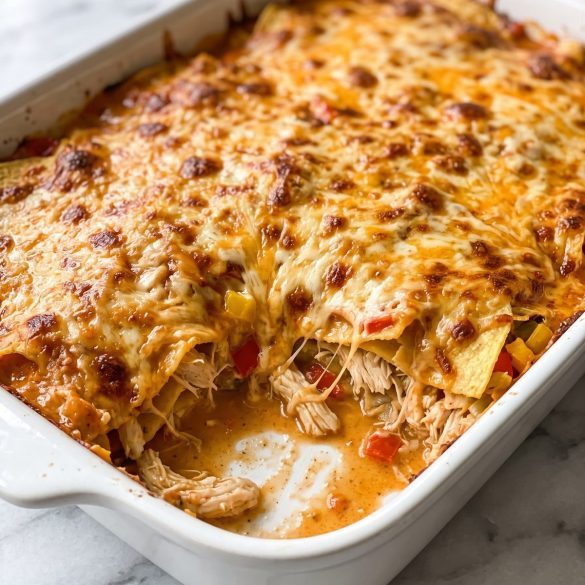A baking dish of King Ranch chicken casserole with melted cheese, a scoop removed to show the layers