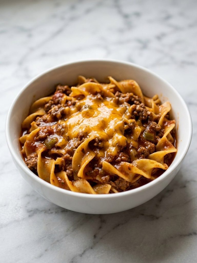 A full bowl of Kodiak casserole with egg noodles, ground beef and melted cheddar