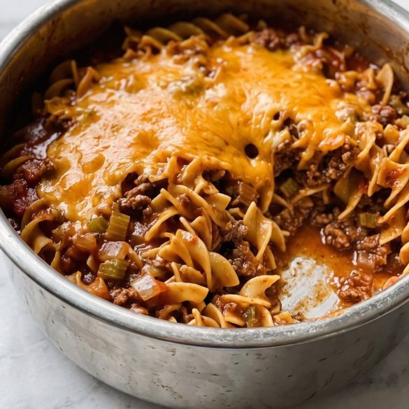 Kodiak casserole with ground beef and egg noodles under melted cheddar in an Instant Pot insert
