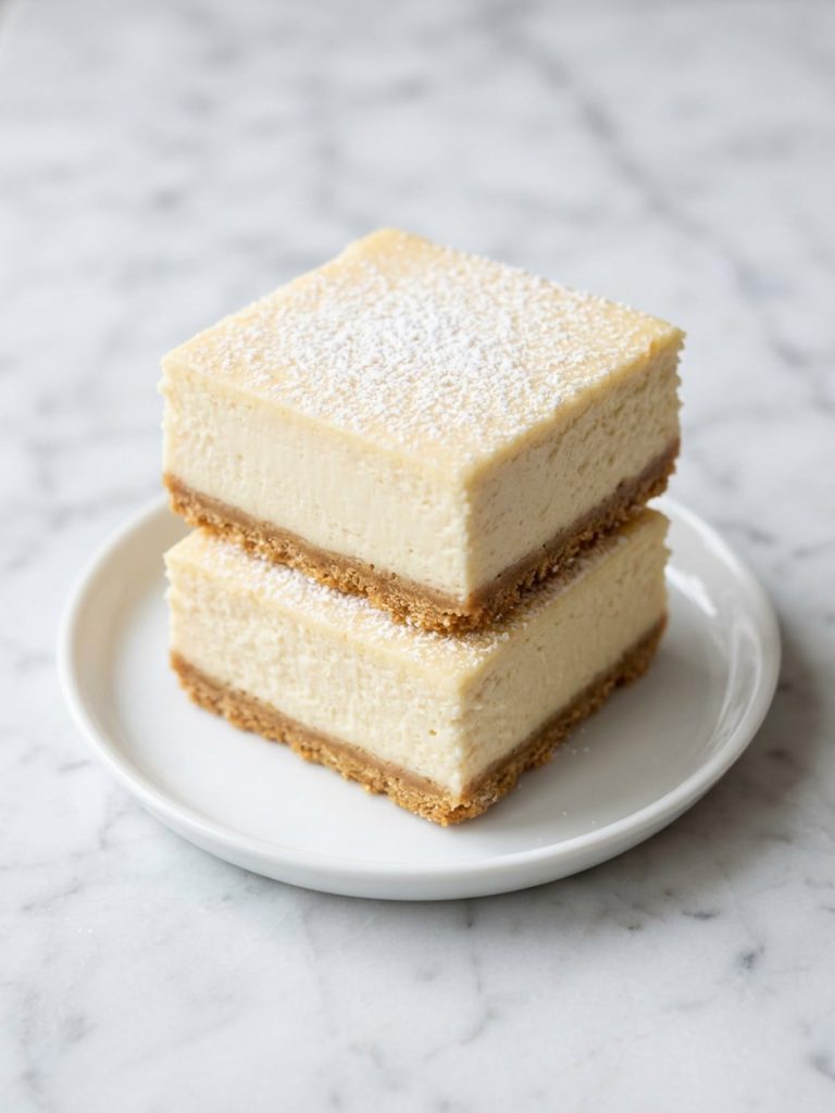 One lemon cheesecake bar with a thick creamy filling and graham cracker crust on a white plate