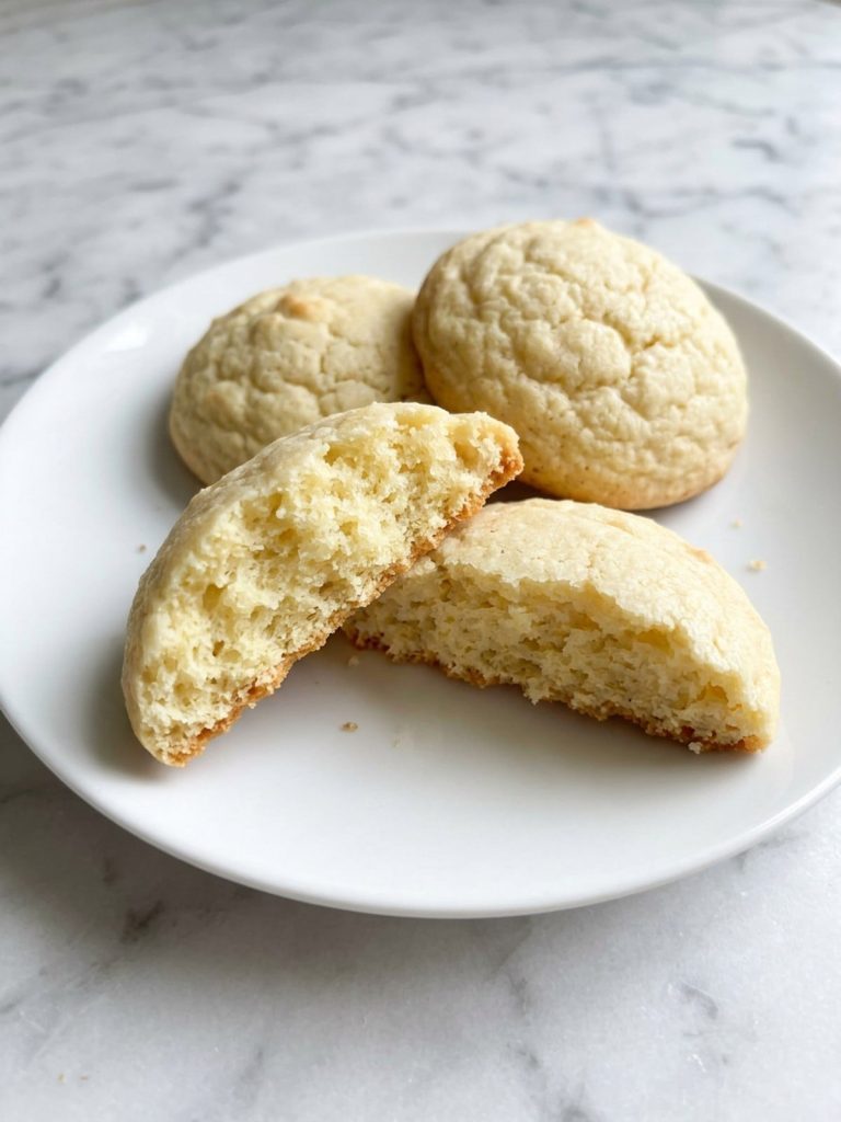 Close view of a soft lemon cookie broken open with a cake-like crumb