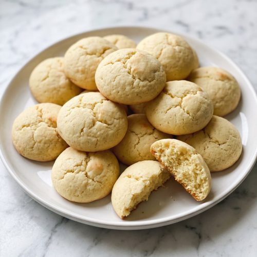 A plate of soft, pale, puffy lemon cookies, one broken open to show a cakey inside
