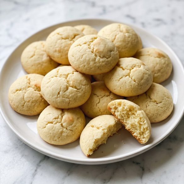 A plate of soft, pale, puffy lemon cookies, one broken open to show a cakey inside