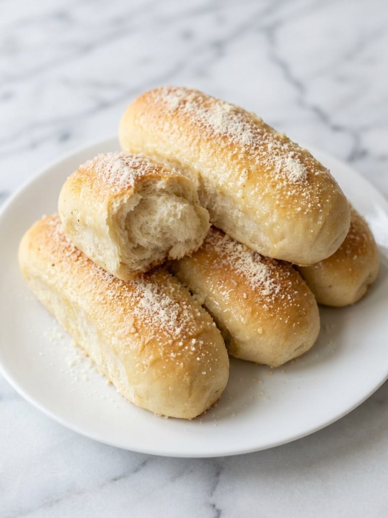 Close view of soft breadsticks with melted butter and powdery Parmesan