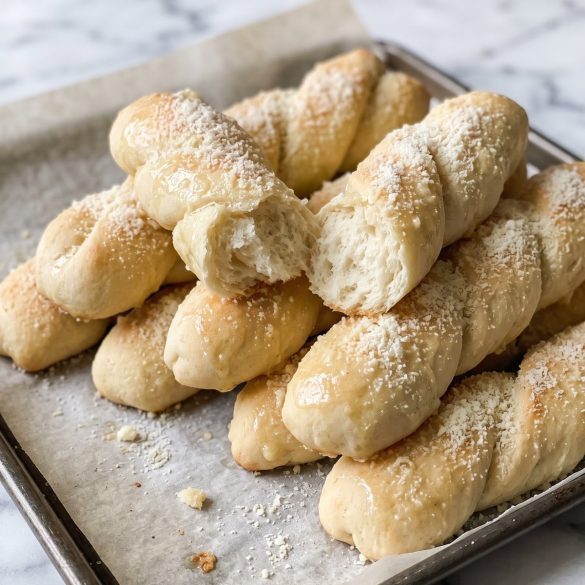 Soft golden breadsticks brushed with garlic butter and dusted with grated Parmesan