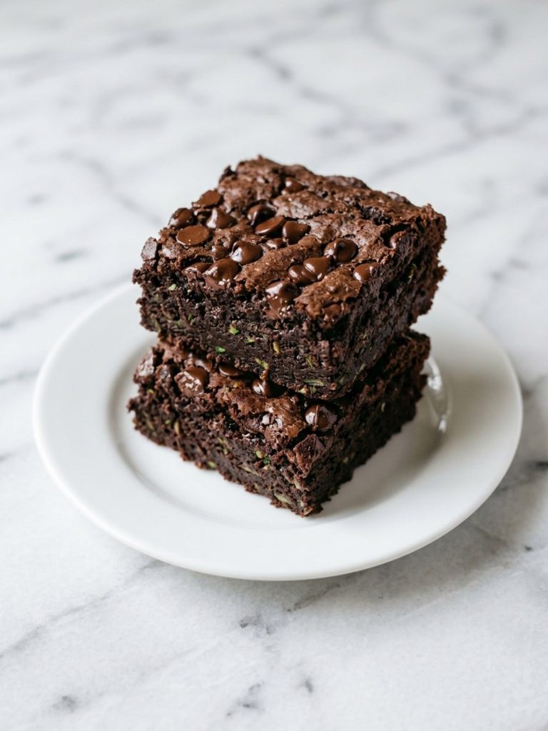 Two fudgy zucchini brownie squares on a white plate showing a moist dark crumb and chocolate chips