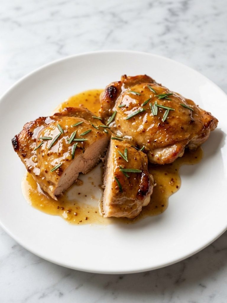 A glazed maple Dijon chicken thigh with sauce and rosemary on a white plate