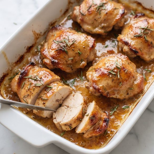 Baked chicken thighs in a glossy golden maple Dijon sauce with fresh rosemary