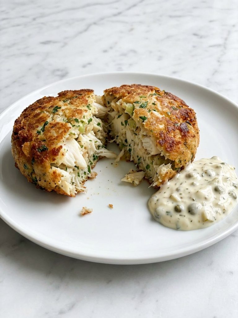 Close view of a golden crab cake broken open with large pieces of lump crab meat