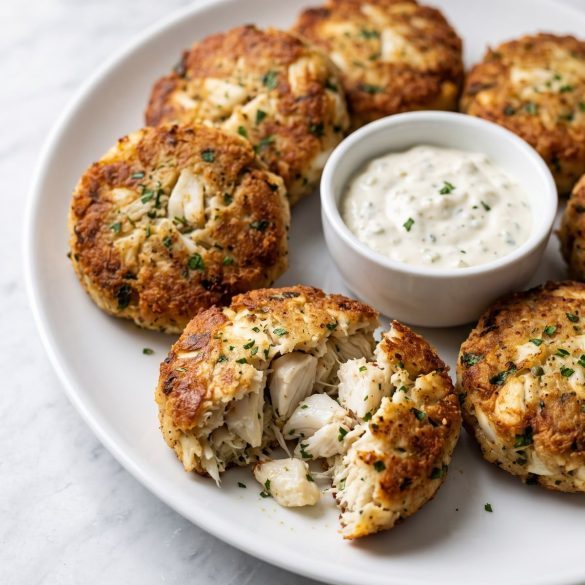 Thick golden crab cakes on a white platter with a bowl of tartar sauce, one broken open to show lump crab